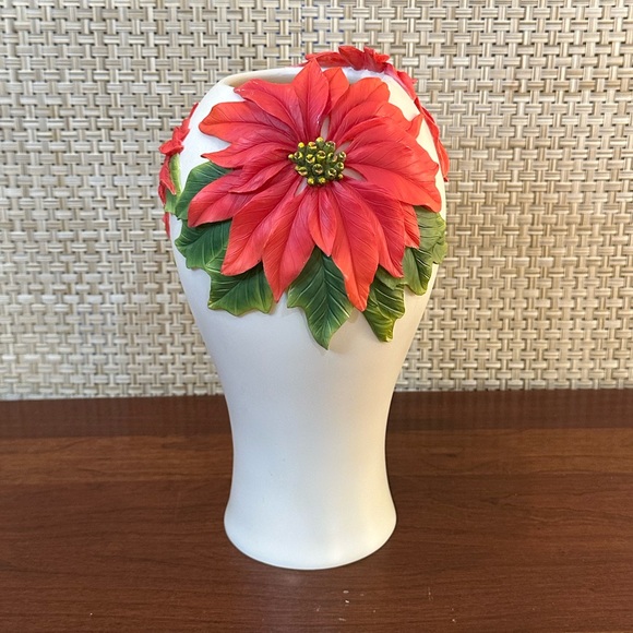 🎄🌟2xHP🌟VTG 2000s Poinsettia Bonded Marble Table Vase Hand-Painted Ibis & Orchid - Picture 6 of 12